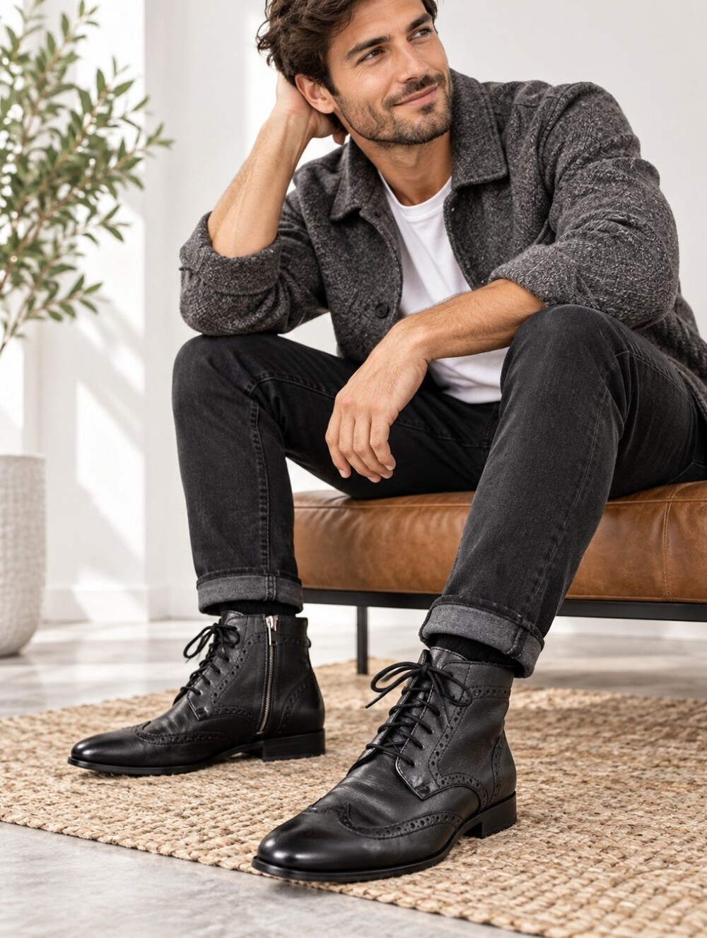 GUESS Men’s 8.5 Black Leather Wingtip Brogue Ankle Boots Lace Up9 Zip